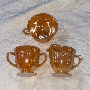 Fire King Peach Luster glassware in Laurel Leaf pattern sugar creamer & cup VTG
